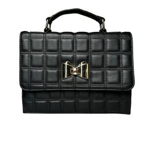 Charles David Quilted Black Bow Satchel Bag | Faux Leather Red Lining Top Handle